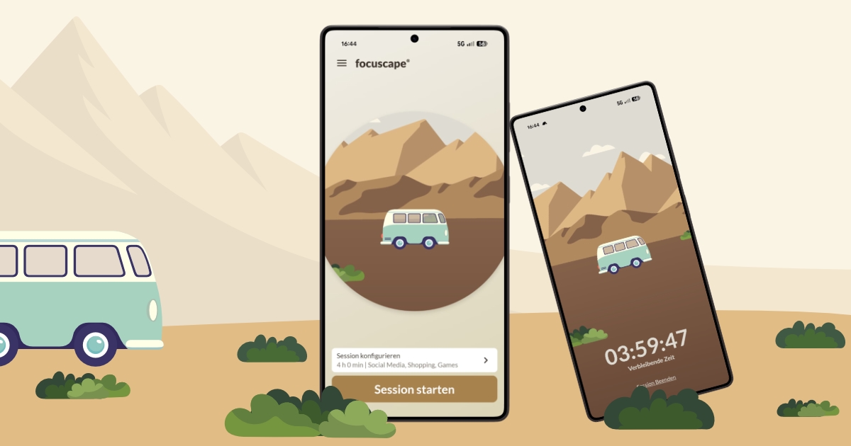 Illustration mit zwei Smartphones: Auf beiden ist die focuscape Android App mit Berglandschaft und einem kleinen Van zu sehen; links die Startansicht zum Konfigurieren/Starten einer Session, rechts ein laufender Countdown mit verbleibender Zeit.